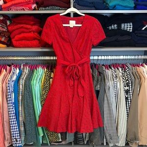 Donna Morgan red eyelet short sleeve belted lined b neck dress size 2P